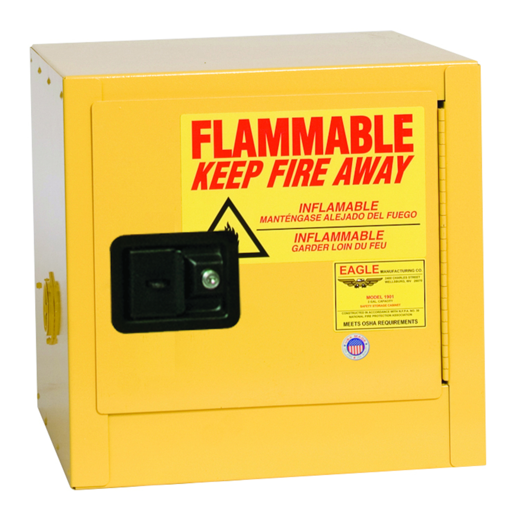 Eagle Fire Cabinet — 2 Gallon, 1 Shelf, 1 Door, Self-Close, Bench Top, Yellow, Model# 1900X
